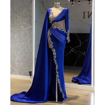  Royal Blue Vakarinę Suknelę Appliques Su Wrap Prom Chalatai Kalnų Krištolas Ilgomis Rankovėmis Aukštos Arabų Šalis Suknelės Pagal Užsakymą