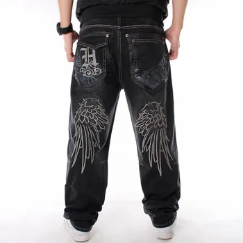  Vyriški Hip-hop Džinsai Siuvinėjimo Plauti Prarasti Riedlentė Kelnes Riebalų Didelio Dydžio Baggy Jeans Tiesiai Visas Ilgis Džinsinio audinio Kelnės