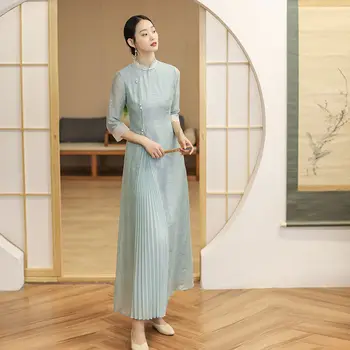  Šviesiai Žalia Akių Kinų Suknelė Elegantiškas Mandarinų Apykaklės Cheongsam Moterys Ilgomis Rankovėmis Nuotaka Vestuvių Suknelė Temperamentas Vestidos
