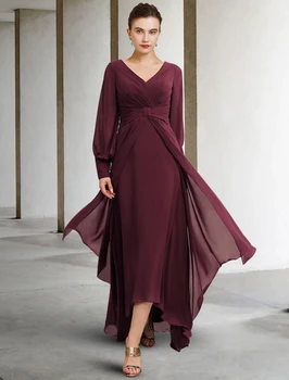  A-Line Motina Oblubienicy Suknelė Elegantiškas V Kaklo Nesimetriškas Grindų Ilgio Šifono Vestuvių Svečias Šalis, Chalatai 2023 Plius Dydis