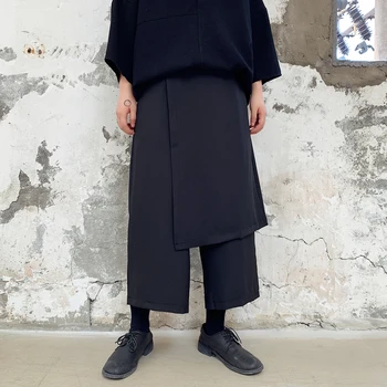  Vyriškos kelnės pavasario atsitiktinis plataus kojų kelnės prarasti užsiliepsnojo kelnės vyrams netikrą dvi suknelės juoda Yamamoto stilius