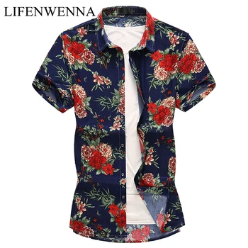  Plus Size 6XL 7XL vyriški Marškiniai 2019 M. Vasarą Naujas Mados Gėlių Spausdinti Havajų Marškinėliai Mens Drabužius Atsitiktinis Paplūdimio Trumpas Rankovės Marškinėliai
