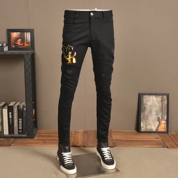  Kankina Juodos spalvos, vyriški Džinsai Vasaros Mados Siuvinėjimo Slim Fit Pieštuku Kelnes Streetwear Atsitiktinis Džinsinio audinio Kelnės
