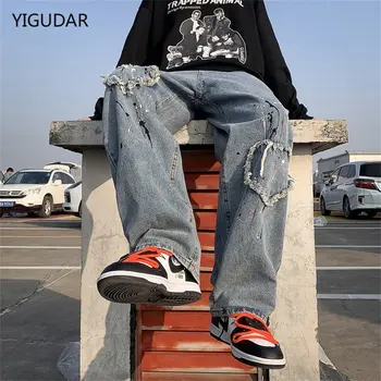  Kankina Džinsai Vyrų Pločio Kojų Džinsus, Hip-Hop Džinsinio audinio Kelnės Vyrų Derliaus Japonijos Streetwear Skylę Kratinys