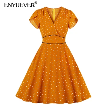  Enyuever Orange Polka Dot Suknelė Plius Dydis Moterų, Vasaros Kasdienių Drabužių Aukšto Juosmens V Kaklo Skraiste Pin Up Vintage Suknelė Su Kišenėmis