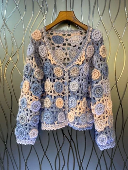  2022 naujas moterų mados ilgomis rankovėmis seksualus v-kaklo, tuščiaviduriai austi gėlių spalvų dekoratyviniais megztinis megztas megztinis 905