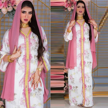  2022 Ramadanas Eid Maxi Suknelė Moterims, Elegantiška Geltona Gėlių Nėrinių Juostelės V Kaklo Dubajus Turkija, Arabų Omanas Musulmonų Drabužiai