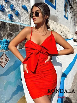  KONDALA Seksualus Tvirtą Raudona Klostuotas Mini Suknelė Moterims Lankas V-Kaklo, Rankovių Cami Apvalkalas Suknelė Mados 2022 M. Vasarą Mujer Vestidos