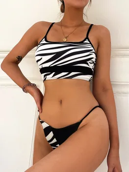  Seksualus Zebras Spausdinti Spling Briaunoti Moterų Bikini maudymosi kostiumėlis Moterims maudymosi Kostiumėliai, Dviejų vienetų Bikini komplektas Bather Maudymosi Kostiumą Plaukti Panele