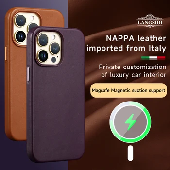  LANGSIDI Prabangus natūralios odos Magsafe Atveju iPhone, 14 Pro Max pro 13 14 14 plius mados Belaidžio Įkrovimo magnetinis dangtelis