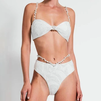  Vientisos Spalvos Perlų Diržas Maudymosi Kostiumėlį Aukšto Juosmens Padalinta Trikampis Bikini Backless Seksualus String Thong Mados Paplūdimio 2022