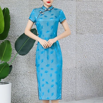 Žakardo Mandarinų Apykaklės Cheongsam Qipao Suknelė Plonas Trumpas Rankovės Kinijos Tradicinės Suknelės Šilko Seksualus Moterų Oficialią Šalies Suknelė