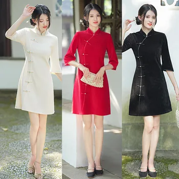  Pavasario Seksualus Mandarinų Apykaklės Šeniliniai-Line Mini Cheongsam Pusė Rankovės Rankų Darbo Mygtukai Qipao Kinijos Moterų Suknelė
