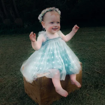  Merginos Bamblys LED Šviesos Vasaros Suknelė Sweet Baby Vaikai Rankovių Tiulio Drabužiai Vaikams Gimtadienio Atsitiktinis Princesė Kostiumas