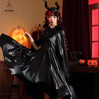  SENMHS Ragana Halloween Kostiumai Moterų Suknelė Tamsiai Blogio Cosplay Šalis Iki Black Devil Suknelė Su Skara Karvės Ragas Šukuosena