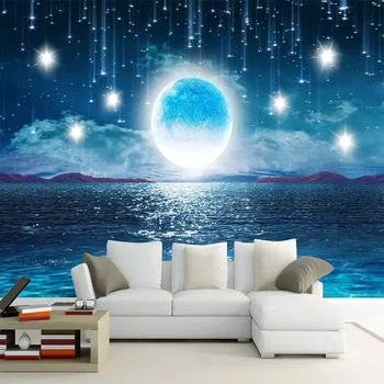  Vandens Mėnesiena Graži Naktį Žvaigždėtą Mėnulis Kraštovaizdžio Tapetai Miegamajame, Gyvenamasis Kambarys, TV Foną, Sienos Audiniai Namų Dekoro 3D Freskos