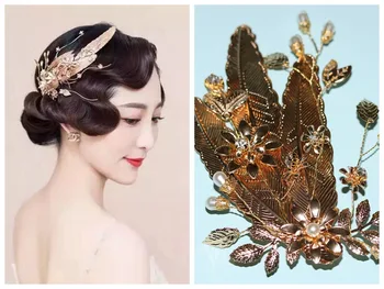  Aukso Spalvos Metalinės Gėlių Lapų Plaukų Segtukai Įrašus Ilgai Kutas Senovės Kinų Hairgrips Nuotaka Noiva Vestuvių Plaukų Aksesuarai