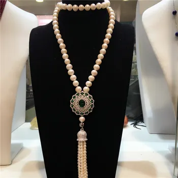  Rankų darbo natūralios 8-9mm baltos spalvos gėlavandenių perlų vėrinį ilgai micro apdaila cirkonis užsegimas megztinis grandinės kutas bižuterijos