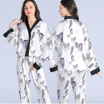  Spausdinti Sleepwear V-Kaklo Moterų Satino Pižama Komplektas Su Mygtukais Prarasti Pižamos Loungewear Naktiniai Drabužiai Su Kelnės Atsitiktinis Namų Drabužiai