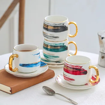  Rašalo tapybos serija matinis aukso kavos puodelio kūrybos akvareliniai dažai keramikos teacup puodelis su keramikos plokštės kavos puodelis