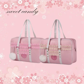  Nauja Japonų Mielas JK Vienodas maišelį Rožinės Rankinės Lacework Moterų Kawaii Pečių Krepšiai, Skaidrūs Meilės Rankinės