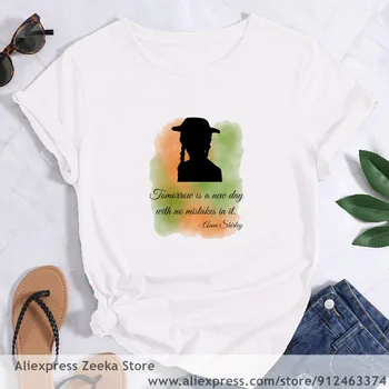  Anne Shirley Green Gables Moterų Juokinga Spausdinti Ponios T-shirt Mergina Y2K Harajuku Pagrindu, O-apykakle Balti Marškiniai Trumpas