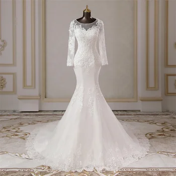  Elegantiškas ilgas rankoves aplikacijos undinė Vestuvių suknelės santuokos suknelė Nuotakos suknelės, vestidos de novia nuotakos suknelė Moterų suknelė