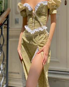  2022 V-kaklo trumpomis Rankovėmis Palace Stilių Kratinys Spausdinti Atostogų Suknelė Moterims Padalinta Suknelė