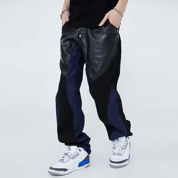  Pu Odos Spalvą, Rungtynių Kratinys Jeans Mens Kelnės Gatvės Šviesą Tiesiai Laisvus Krovinius Hip-Hop Baggy Negabaritinių Džinsinio Audinio Kelnės
