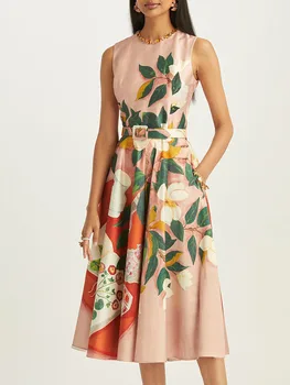 Delocah Aukštos Kokybės Vasaros Moterų Mados Dizaineris Midi Suknelė Be Rankovių Su Diržo Gėlių Spausdinti Elegantiškas Medvilnės Suknelės Vestidos