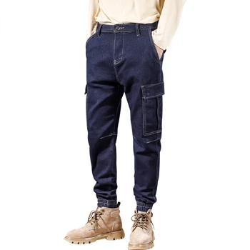  Cargo Džinsai Vyrų Kelnės Tamsiai Mėlynos Baggy Haremo Kelnės 2022 M. Pavasario Stilius Streetwear Multi-Kišenės Dizaino Hip-Hop Džinsinio Audinio Kelnės Vyras
