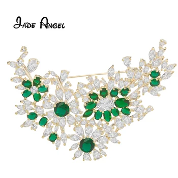  Jade Angel Luxury Gėlių Segė Kristalų Segė Cirkonis, Smaragdas Gėlių Vestuvių Priedai Sagė Moterims