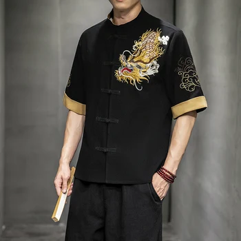  Vyriški Golden Dragon Xiangyun Išsiuvinėti Trumpas Rankovės Marškinėliai vyriški Kontrasto Spalvų Šviesą Stovėti Apykaklės Vieną Krūtinėmis Atsitiktinis Viršų