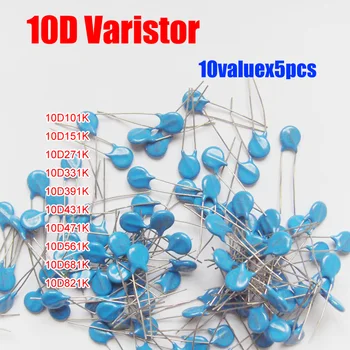  10valuesX5pcs=50pcs Įtampos Priklausomų Rezistorių Rinkinys 10D101K 10D471K 10D821K ir kt. Varistor Rezistorius Pack