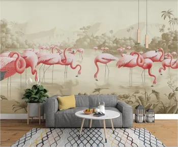  Pritaikytas didelės freskos tapetai rankomis dažyti gėles ir paukščius, kraštovaizdžio flamingo sielovados fono sienos