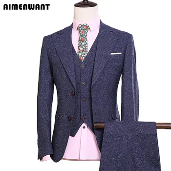  AIMENWANT Prekės Advanced pagal Užsakymą Kostiumas Vyrams Aukščiausios Kokybės Pritaikytas Dydis, Mėlynos spalvos Švarkas Slim Jaunikis Vestuvių Kostiumai Mėlynos spalvos 3 dalių Kostiumas