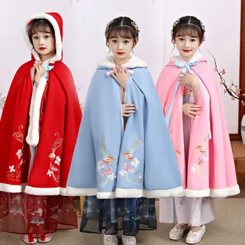  Mergina Hanfu Žaliojo žiemos naujas Siuvinėjimo Pliušinis Tirštėti Apsiaustu Kinijos Vaikų Senovės Stiliaus Mantijos Vaikai Naujųjų Metų Dėvėti Išlaikyti Šiltas