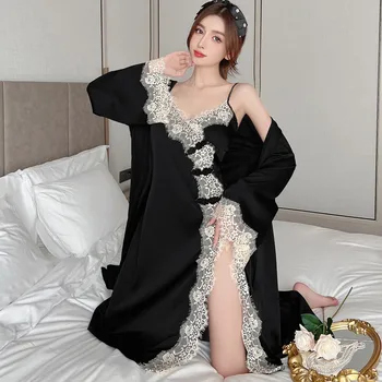  2VNT Skraiste Suknelė Miego Rinkinys Moterims Seksualus Chalatas Kimono Pižamą Nėrinių Vestuvės Nightdress Sleepwear Naujas Laisvi Namų Drabužiai Loungewear